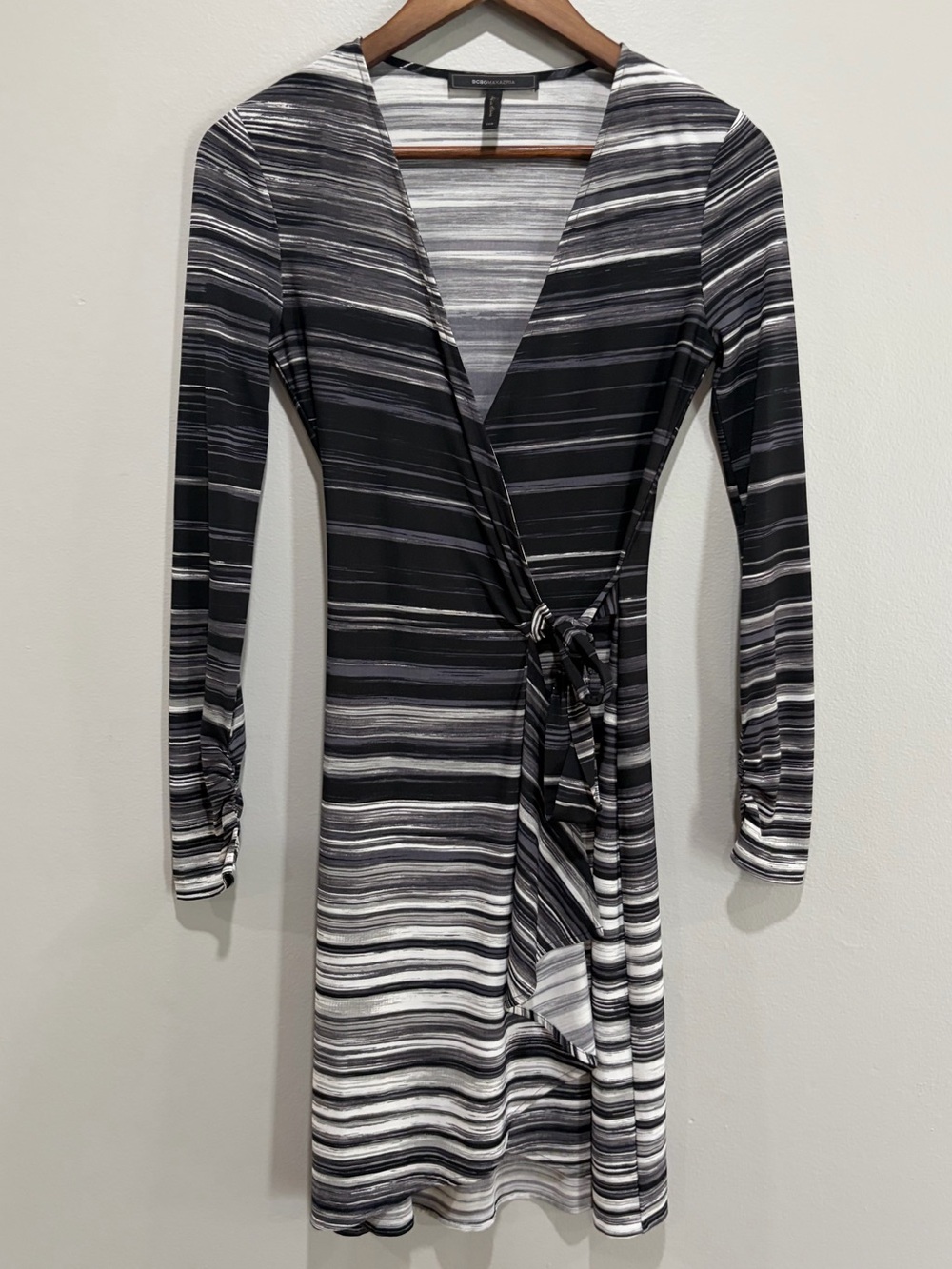 BCBGMaxAzria Black & White Striped Wrap Dress - Long Sleeve